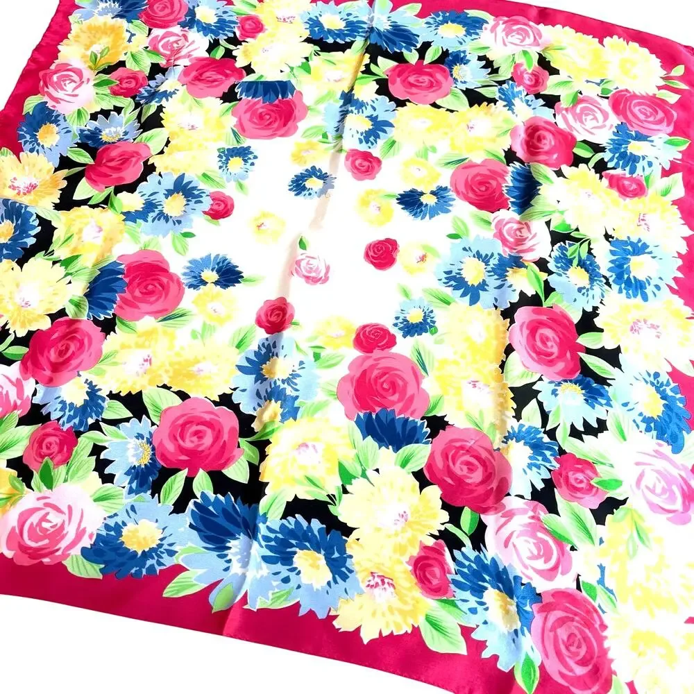 Vintage Pendleton silk scarf colorful floral square pink yellow watercolor motif
